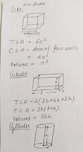Sum of total rectangular shapes = 2*ab + 2bc +2 ca where a , b , c are respectively length , width , height. Tsa Csa And Volume Of Cube Cuboid And Cylinder Maths Mensuration 13048299 Meritnation Com