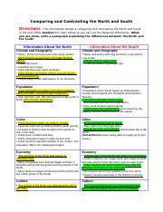 North And South Comparison Chart Comparing And Contrasting