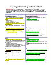 north and south comparison chart comparing and contrasting