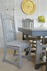 A post on my dining room chair's before and after using annie sloan chalk paint. Painted Dining Room Set Driftwood Gray Dining Chair With New Striped Upholstery Fabric The Interior Painted Dining Chairs Dining Chairs Fabric Dining Chairs