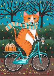 Ginger Autumn Cat And Coffee Bicycle Ride Original Cat Folk Art Painting Folk Art Painting Art Painting Cat Art