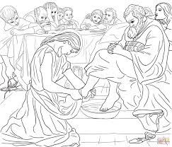 A woman kneeling down and kept her head on jesus' feet, the disciples sitting around a banquet table, trees. Jesus Washes Feet Coloring Page Coloring Home