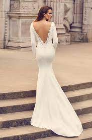Long Sleeve Crepe And Lace Fit And Flare Wedding Dress With Covered Button Fit And Flare Wedding Dress Long Sleeve Wedding Dress Lace Wedding Dress Long Sleeve