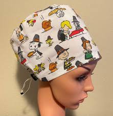 Women's Surgical Cap, Scrub Hat, Chemo Cap, Charlie Brown Thanksgiving