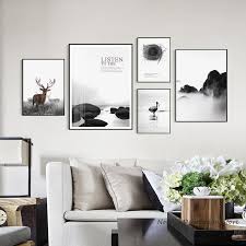 Pas Cher Nordique Paysage Noir Et Blanc Brouillard Foret Mignon Cerfs Art Affiches Et Gravures Mur Art Cadres Noir Et Blanc Cadre Salon Decoration Murale Noire