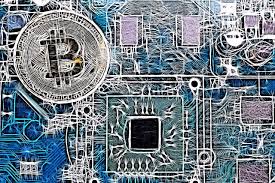 Tangled Webbed Bitcoin On Graphic Card Circuit Board
