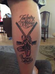 Tattoo I Had Done For My 2 Kids My Son Is Into Hockey And My Daughter Is Heavily Into Dance This Is My First Tattoos For Daughters Stick Tattoo Hockey Tattoo