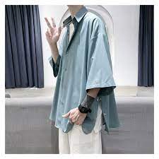 Amazon.co.jp: n/a サイドスプリットボタンの男性シャツトップスブラウス半袖ユニセックスカーディガン韓国の夏の服 (Color : A,  Size : 3XLcode) : ファッション