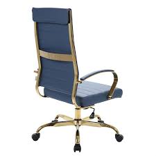 The soft, plush frame features a button tufted back and is upholstered in a dark blue fabric. Leisuremod Benmar High Back Leather Office Chair With Gold Frame In Navy Blue Botg19bul