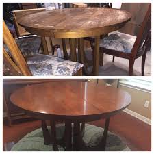 Also, the table can extend into a longer table by sliding wooden panels out from underneath it, and they stay in place with four wooden pegs. The Before And After Of My Brasilia Dining Table Refinish I Ve Already Refinished The China Hutch You Can See A Bit Of It Behind The Table In The After Photo And The