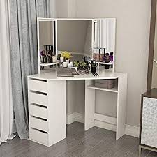 Amazon Com Corner Vanity Table White Makeup Desks With Three Fold Mirror And 5 Drawers Wooden In 2020 Corner Vanity Table Bedroom Vanity Table Bedroom Dressing Table