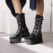 Goth boots are a great addition to every woman's arsenal. Amazon Com Sarairis Women S Platform Boots Goth Punk Style Chunky Block Heel Mid Calf Boots Buckle Studded Combat Motorcycle Boots Ankle Bootie