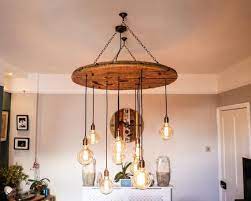 Rustic Cable Reel Chandelier Wooden Ceiling Feature Light Pendant In 2021 Wooden Ceilings Vintage Bulbs Chandelier