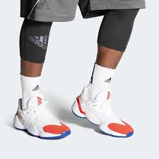 Looking closer, this harden 4 features black mesh and suede on the upper and overlays while red, blue and white detailing is seen throughout. Adidas Harden Vol 4 Question Shoes White Adidas Us Adidas Basketball Shoes White Adidas Shoes