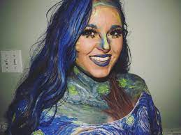 Starry Night Makeup Starry Night Halloween Costume Blue Hair Spray Vincent Van Gogh Costume Painting Makeup Painting Makeup Night Makeup Blue Hair
