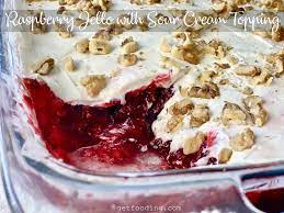 Jello Raspberry Jello With Sour Cream Topping Getfooding Com Recipe Raspberry Jello Recipes Sour Cream Recipes Jello Dessert Recipes