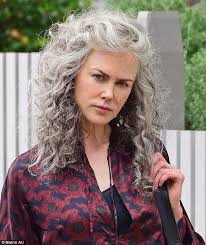 Nicole Kidman Is Almost Unrecognisable In Grey Wig During Filming Long Gray Hair Grey Curly Hair Curly Hair Styles
