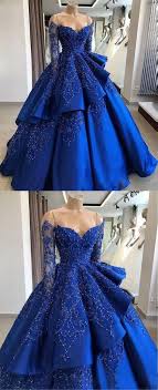 Royal Blue Satin Strapless Long Sleeve Beaded V Neck Prom Dress Ball Gown M6381 Prom Dresses Ball Gown Prom Dresses Blue Ball Gowns Prom