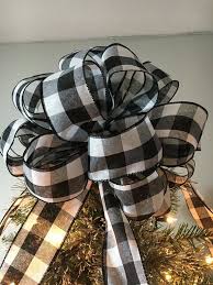 Black And White Buffalo Plaid Ribbon Large Christmas Tree Topper Bow Made With A Black And White Buffalo Plaid Ribbon Christmas Tree Topper Bow Tree Topper Bow Christmas Tree Toppers