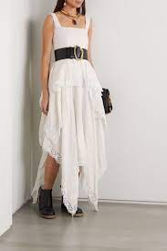 For a statement look, how about this gorgeous gown with. Ivory Asymmetric Crocheted Lace Trimmed Linen Floral Jacquard Dress Alexander Mcqueen Net A Porter Hakelspitze Asymmetrisches Kleid Haute Couture Mode