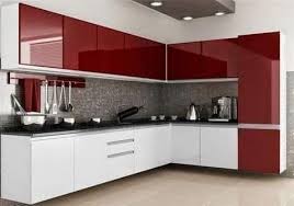 L Shaped Modular Kitchen With Upper Cabinets Glossy Finish In Maroon White Theme Gharpedia In 2020 Kitchen Modular Kitchen Cupboard Designs Red Kitchen Decor