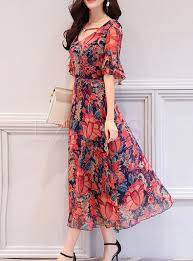 Floral Print Flare Sleeve Chiffon Dress Chiffon Dress Sleeves Designs For Dresses Fashion Dresses