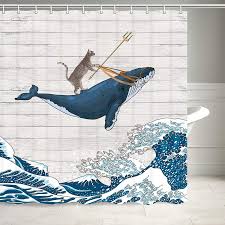 Amazon Com Funny Cat Shower Curtain Cat Riding Whale In Ocean Wave On Vintage Wooden Bathroom Curtains Cat Shower Curtain Japanese Waves Whale Shower Curtain