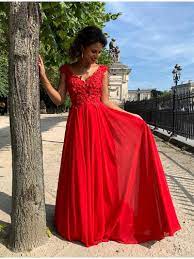 Chic / belle rouge robe de soirée 2020 princesse de l'épaule manches courtes perlage longue dos nu robe de ceremonie. Robe De Ceremonie Brodee De Fleurs Rouge Anne Sophie