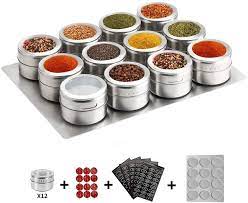 Vintage wall mount spice rack w/ tiny tin canisters, cane print storage tins. Amazon Com 12 Magnetic Spice Tins Stainless Steel Spice Jar Containers With Wall Mounted Spice Jars Organizer New Magnetic Spice Jar Includes 120 Labelling Stickers Home Kitchen