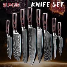 Best quality japanese kitchen knives direct from seki city, japan. 8pcs Set Chef Knife Japanese Kitchen Knives Laser Damascus Pattern Sharp Santoku Knife Set Cooking Buy At A Low Prices On Joom E Commerce Platform