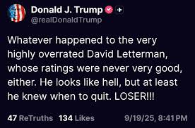 President Trump responds to David Letterman's comments regarding the  ousting of Jimmy Kimmel. Letterman said when referring to every President  he joked about over his over 3 decades, “Beating up on these