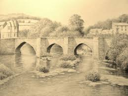 Disegni A Matita Semplici Paesaggio Ponte Fiume Case Lontananza Alberi Cespugli Sassi Interno Acqua Disegni A Matita Paesaggi Disegno Realistico
