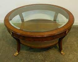 Round top is made of clear glass. Astounding Small Round Mahogany Coffee Table With Glass Top Brass Legs And Shelves For R Round Glass Coffee Table Dark Wood Coffee Table Coffee Table Furniture