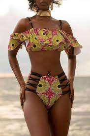 Off The Shoulder Printed Ruffle Hollow Out Two Piece Swimwear African Swimwear African Print Swimsuit Bikini Fashion