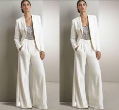 2016 Bling Sequins Ivory White Pants Suits Mother Of The Bride Dresses Formal Chiffon Tuxedos Women Bride Clothes Wedding Guest Pants Mother Of The Bride Suits