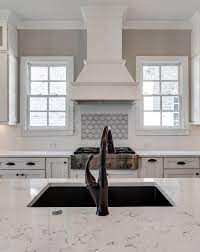 Marble Quartz Kitchen Counters With White Shaker Cabinets Custom White Range Hood Blac Black Kitchen Sink White Shaker Kitchen Cabinets White Shaker Kitchen