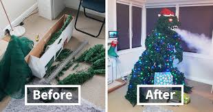Guy Used Household Items To Build A Magnificent Smoke Breathing Godzilla Christmas Tree Bored Panda