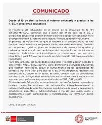 Inician las clases de la educación superior; Clases Presenciales En Colegios Desde El 19 De Abril En El Peru