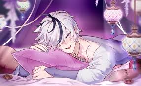 yoture23, blade (nu carnival), nu carnival, highres, 1boy, bishounen, black  hair, buttons, detached collar, flower, gem, grey eyes, hugging object,  long sleeves, looking at viewer, lying, male focus, multicolored hair, on  stomach,