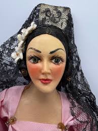 Spanish Flamenco Dancer Art Doll Vintage Mexican Señorita Munecos Carselle  Pink Dress Black Lace Latin Dancing Handmade 1950s Chiclana Marin