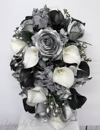 Cascading Bouquet Silver Rose Black And White Calla Lily Cascade Bouquet Mini Calla Lilies Cascading Wedding Bouquets