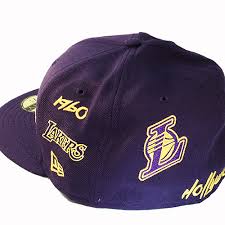 Undervisor gold crown embroidery with satin liner and stash pocket, custom seam taping, and a limited edition woven. New Era Nba L A Lakers 5950 Purple Fitted Hat Team Archive Logo All Over Cap Booton