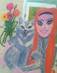Oil painting of a " girl and blue cream Burmese" by Vicki Neale quite  famous
