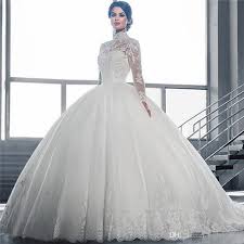 2016 Muslim Long Sleeve Wedding Dresses High Collar Crystal Beaded Ball Gown Lace P Ball Gown Wedding Dress Wedding Dress Sleeves Wedding Dresses Lace Ballgown