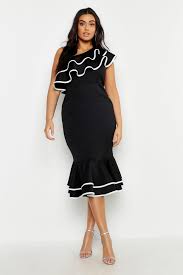Plus One Shoulder Contrast Ruffle Midi Dress Boohoo Midi Ruffle Dress Dresses Bodycon Fashion