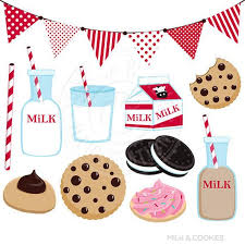 A banner, white milk bottle, chocolate milk bottle, milk carton, glass of milk, striped paper straw, chocolate chip cookie, bite out of cookie, cream sandwhich cookies. Milk Cookies Cute Digital Clip Art Commercial Use Ok Chocolate Milk Graphics Cookies And Milk Clipart Milk Carton Cookies Clipart By Jw Illustrations Catch My Party