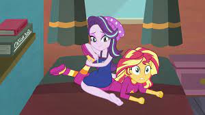 1725342 - suggestive, artist:cesar3o0, starlight glimmer, sunset shimmer,  equestria girls, animated, barefoot, beanie, bed, bedroom eyes, book,  breasts, cleavage, clothes, drool, erotic tickling, eyes closed, feet,  female, females only, femdom, femsub ...