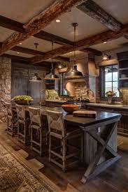rustic kitchen with dark wood cabinets