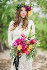 Colorful Tropical Bouquet With Protea Yellow Pincushion Red Ginger And Seeded Eucalyptus Hawa Colorful Bridal Bouquet Hawiian Wedding Flower Crown Wedding