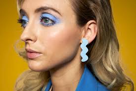 Cold Gold Periwinkle Blue Statement Earrings, Leather Zig Zag Earrings in Matisse Style